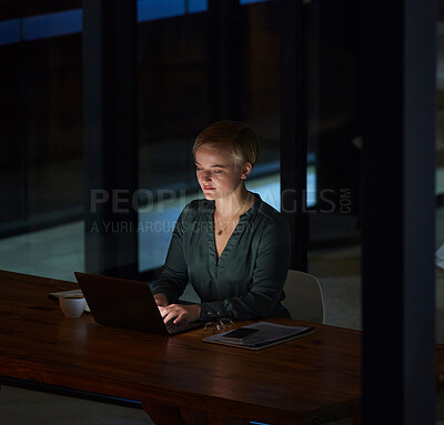 Buy stock photo Night, laptop and typing with woman in office for planning, overtime and corporate strategy. Deadline, technology and email with employee at desk for business proposal, online trading and internet