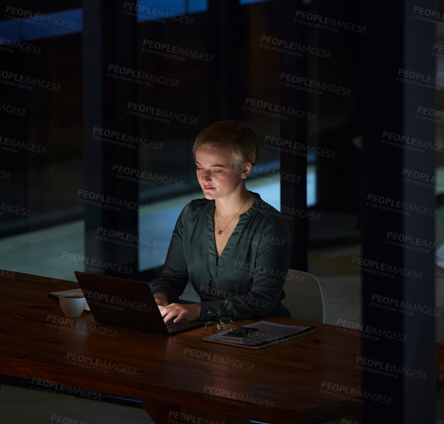 Buy stock photo Night, laptop and typing with woman in office for planning, overtime and corporate strategy. Deadline, technology and email with employee at desk for business proposal, online trading and internet