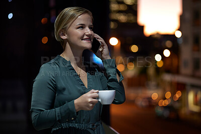 Buy stock photo Coffee, phone call and woman working late night at office, crm and b2b networking in conversation. Technology, communication and happy businesswoman talking on smartphone with smile at overtime work.