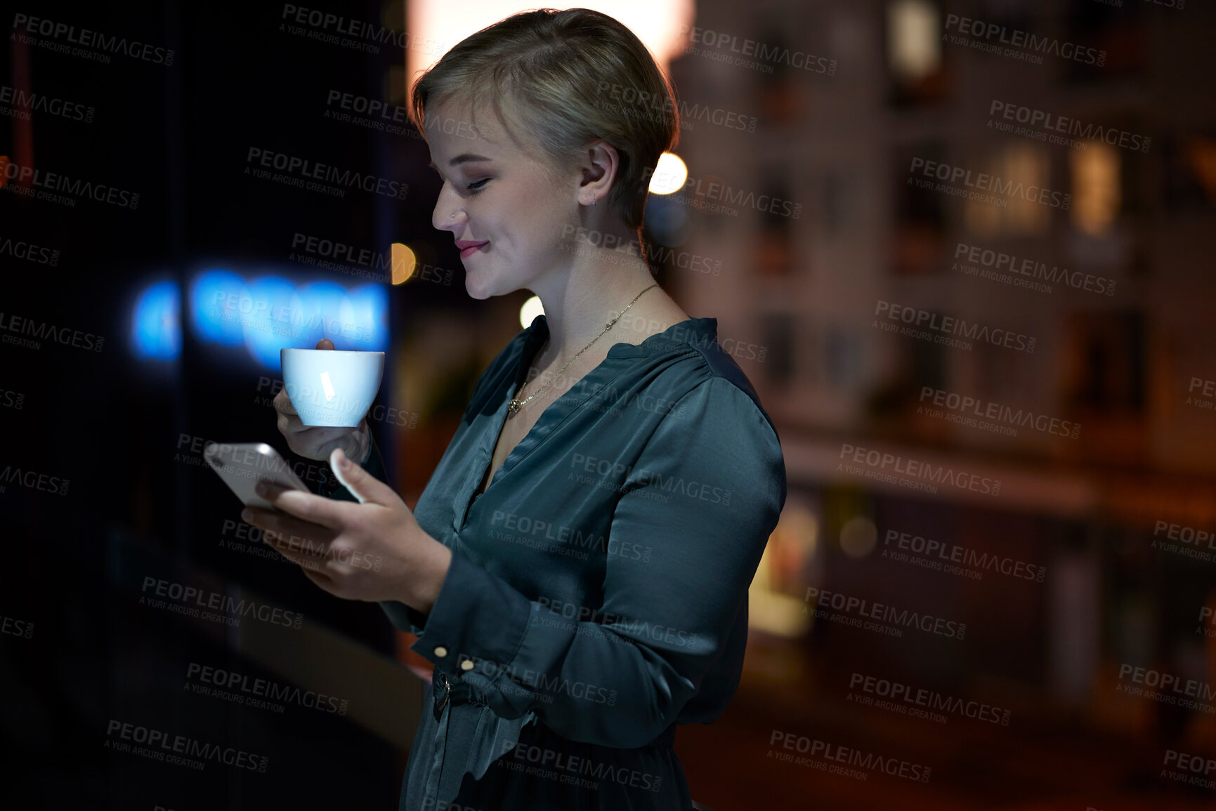 Buy stock photo Phone, city and business woman in night communication, global networking or planning social media with coffee. Smartphone chat, creative ideas and happy worker, person or employee typing on balcony
