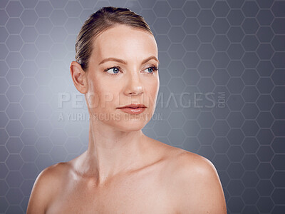 Buy stock photo Skincare, beauty mockup and face of woman on gray background for wellness, cosmetics and makeup. Dermatology, luxury spa and girl with hexagon pattern for facial treatment, anti aging and self care