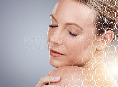 Buy stock photo Skincare, beauty overlay and face of woman on gray background for wellness, cosmetics and makeup. Dermatology mockup, spa and girl with hologram for facial care, anti aging treatment and self love