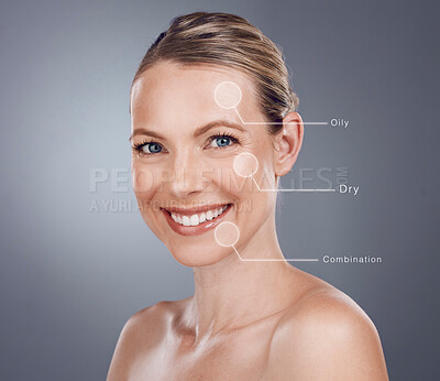 Buy stock photo Beauty label, skincare and portrait of woman on gray background for wellness, cosmetics and makeup. Dermatology mockup, spa hologram and girl face for facial care, anti aging treatment and results