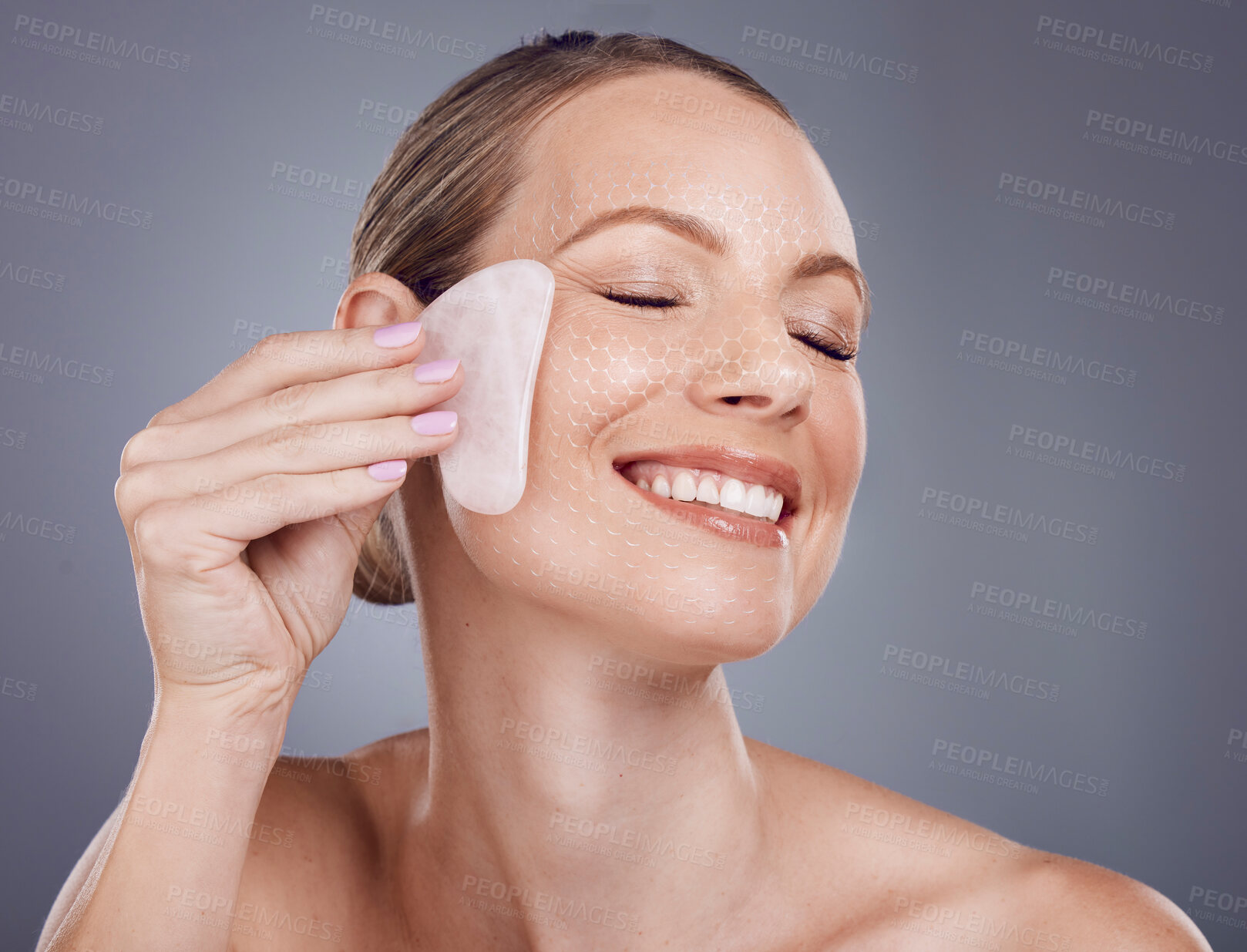 Buy stock photo Woman, cotton pad and skincare with makeup, smile and dermatology with girl on grey studio background. Female, lady or cosmetics with treatment, grooming or wellness for healthy, smooth or clear skin