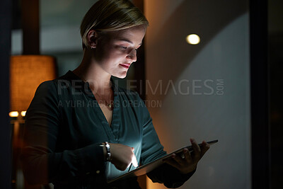Buy stock photo Late, night and woman typing on tablet in the evening in a modern office, workplace and startup company. Person, workaholic and female entrepreneur typing on laptop in the dark due to power cut