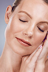 Beauty, face and woman, skin and facial with dermatology and skincare on studio background. Cosmetic care, content and calm with glow, natural cosmetics and wellness with closeup, lipstick and lashes