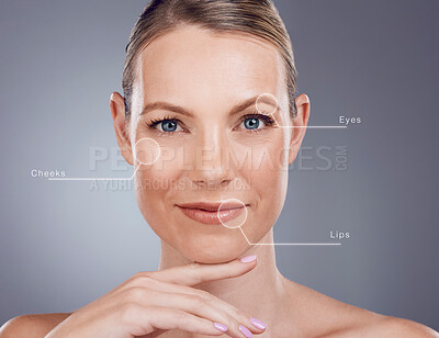 Buy stock photo Dermatology anti aging, skincare and portrait of woman on gray background for wellness, cosmetics and makeup. Beauty mockup, spa hologram and girl face for facial care,  treatment and skin health
