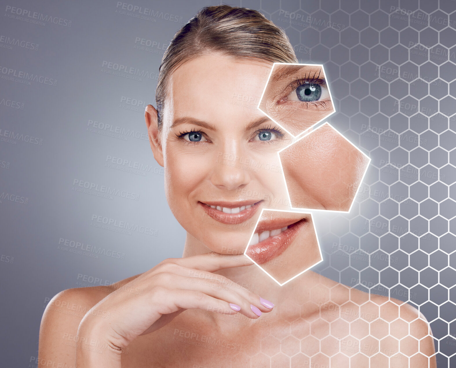 Buy stock photo Woman, portrait and skin wellness with hologram in studio, cosmetic beauty or face by gray background. Model, holographic overlay or aesthetic for ai analysis in zoom of eye, mouth or plastic surgery