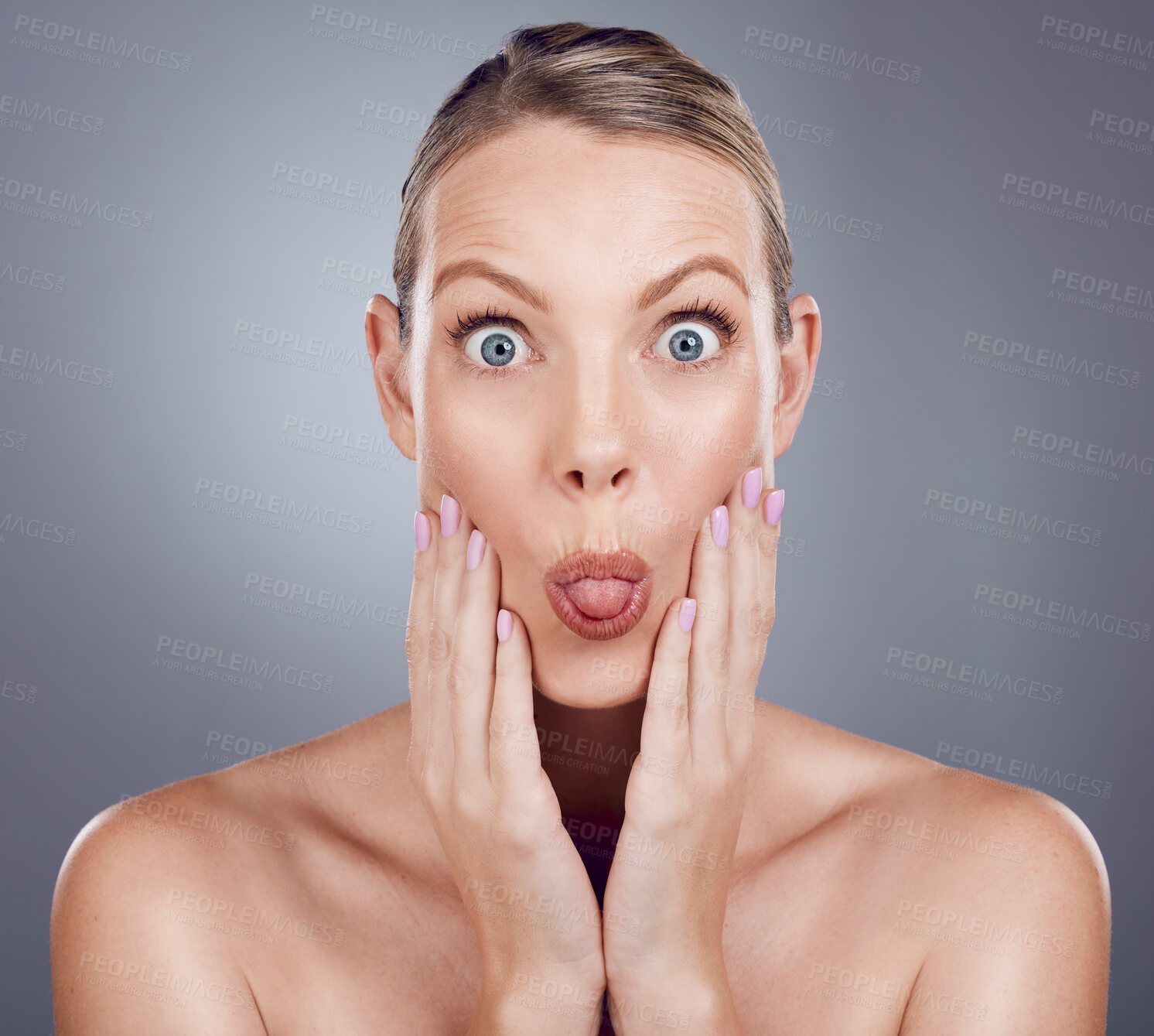 Buy stock photo Skincare, beauty and portrait of woman with tongue out in studio for makeup, cosmetics and wellness. Female model, funny face and expression for facial aesthetic, glow and emoji on background