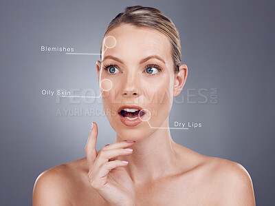Buy stock photo Woman, studio and skincare with hologram for wellness, cosmetic beauty or wow face by gray background. Model, holographic overlay or futuristic aesthetic with ai analysis for facial treatment program