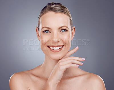 Buy stock photo Skincare, woman and smile portrait in studio for beauty, dermatology or wellness cosmetics on background. Happy female model, face and aesthetic glow of shine, facial transformation and makeup