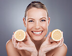 Lemon skincare, woman and beauty for portrait, clean wellness and studio background. Happy mature model, face and citrus fruits for natural detox diet, facial nutrition and aesthetic dermatology 