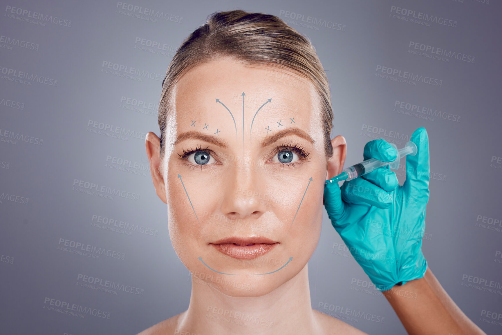 Buy stock photo Woman, studio portrait and hands for plastic surgery, cosmetic transformation and beauty by gray background. Model, anti aging and headshot with injection, skincare and writing on face with surgeon