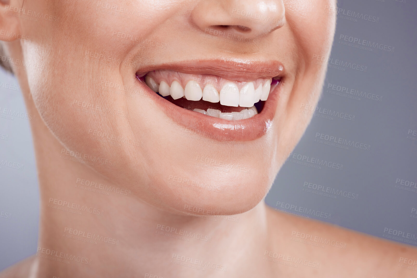 Buy stock photo Smile, mouth and teeth whitening of woman in studio, background and wellness. Closeup female model, clean dental and face of fresh breath, happy tooth implant and aesthetic beauty of cosmetic results