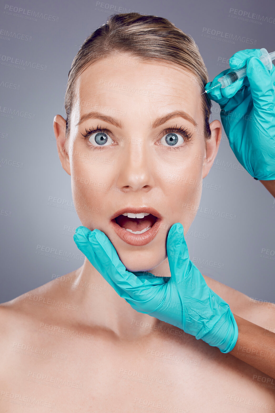 Buy stock photo Injection, scared woman and face for skincare, collagen and beauty process in studio. Cosmetics, surprise portrait and needle for plastic surgery, botox facial change and aesthetic prp on background