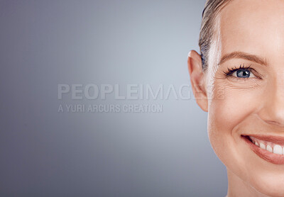 Buy stock photo Half face, woman and mockup portrait of beauty for wellness, studio and happy salon results. Closeup model, split facial and skincare of facial aesthetic, laser dermatology and smile on mock up space