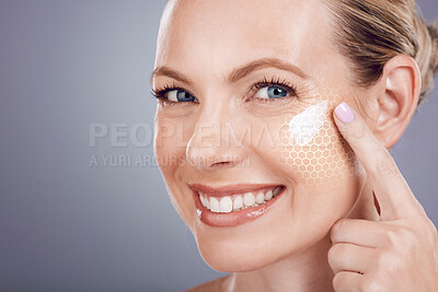 Buy stock photo Skincare, cream and portrait of woman with smile on gray background for wellness, cosmetics and facial. Beauty hologram, dermatology and girl face with crows feet, eye wrinkles and anti aging product