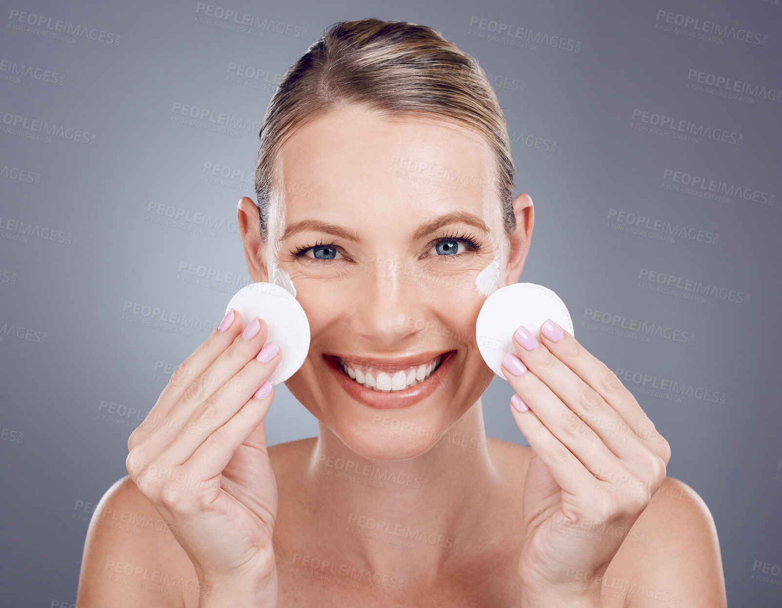 Buy stock photo Skincare, cotton pad and portrait of woman on gray background for wellness, cosmetics and facial treatment. Beauty, dermatology and happy girl with patches for makeup removal, hygiene and cleaning