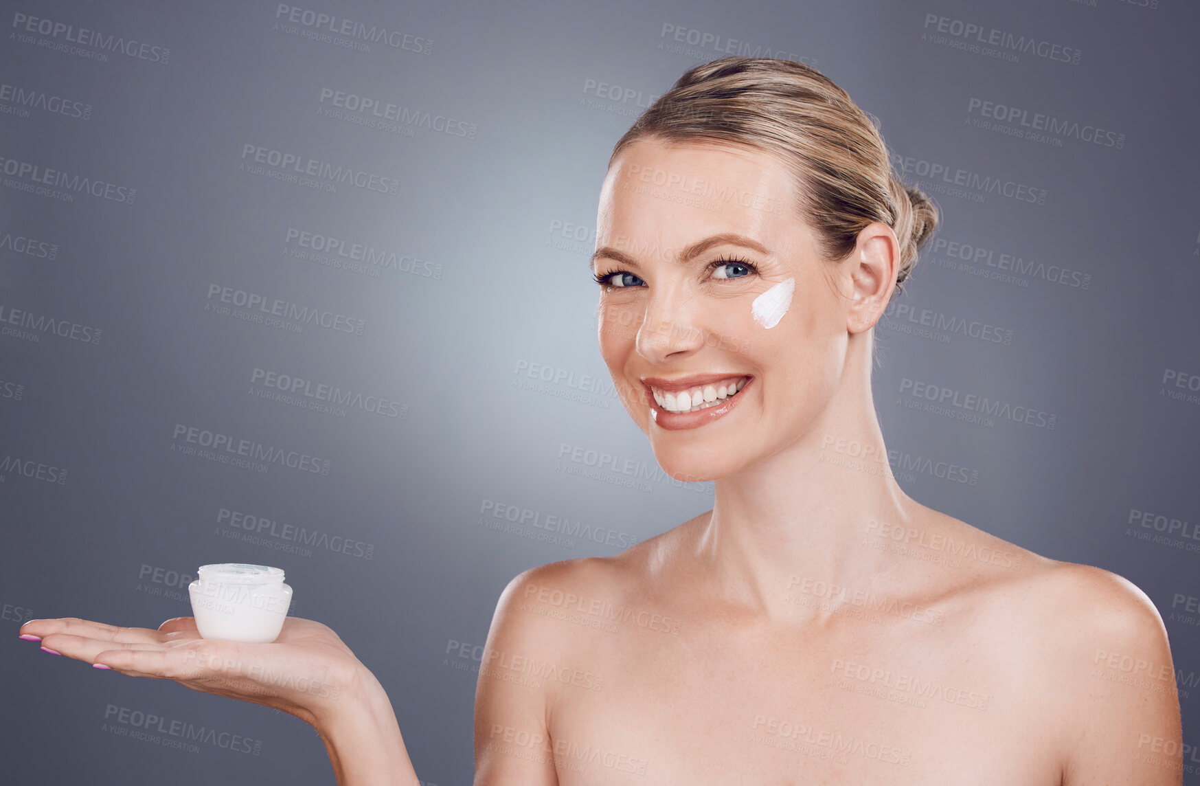 Buy stock photo Cream, skincare mockup and portrait of woman on gray background for wellness, cosmetics and facial care. Beauty marketing, dermatology and girl with lotion, creme and anti aging product placement