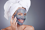 Woman, clay makeup and mask portrait for facial, detox beauty and studio background. Happy female model, charcoal skincare product and face cosmetics for cleaning, shower and aesthetic transformation