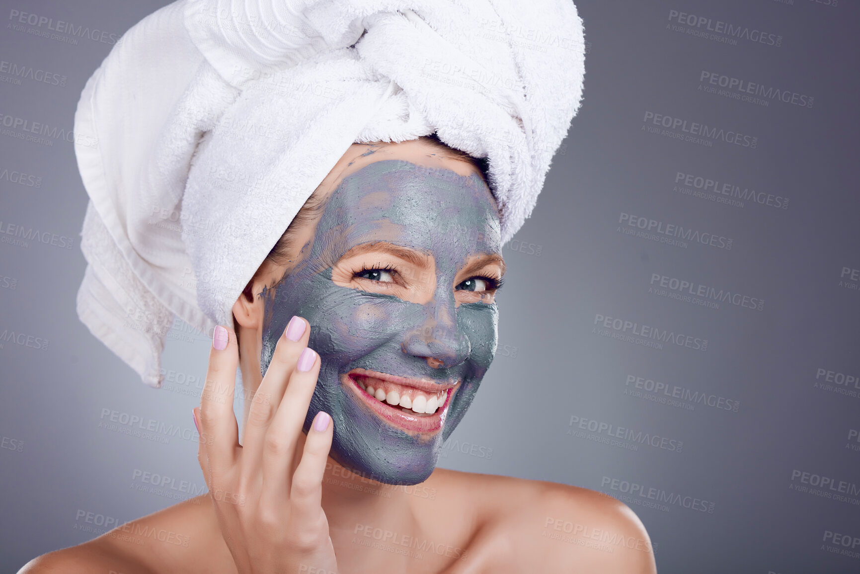 Buy stock photo Woman, clay makeup and mask portrait for facial, detox beauty and studio background. Happy female model, charcoal skincare product and face cosmetics for cleaning, shower and aesthetic transformation