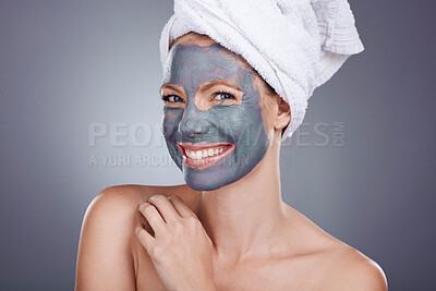 Buy stock photo Clay, makeup and woman with mask for portrait facial, healthy beauty spa and studio background. Happy female model, charcoal skincare product and face cosmetics for acne, shower or aesthetic wellness