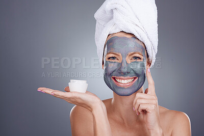 Buy stock photo Clay jar, portrait and woman with mask of facial, healthy beauty spa or studio background. Face of female model, charcoal skincare product and happy cosmetics cream of acne, shower or aesthetic salon