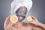 Lemon mask, clay and woman with smile for healthy facial, beauty portrait and wellness makeup in studio. Happy female model, citrus fruits and vitamin c for charcoal product, shower and laughing face