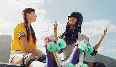 Buy stock photo Rollerskate, skatepark and sports with a couple of friends sitting outdoor on a ramp for recreation together. Fitness, diversity or fun with a man and woman bonding outside for an active hobby
