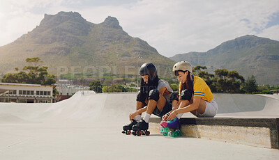 Rollerskate, mockup and view with friends at a skatepark together for sports, fun or recreation. Skating, mountain or fitness with a man and woman bonding while getting ready for training outdoor