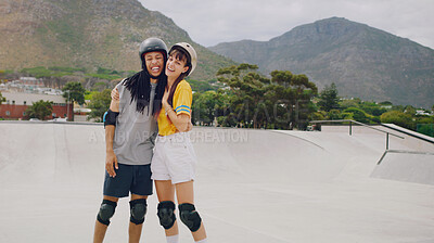 Buy stock photo Urban skate park, laughing portrait and couple of friends with love and freedom outdoor for skating. Summer, gen z and young interracial skater people smile together doing exercise with mock up