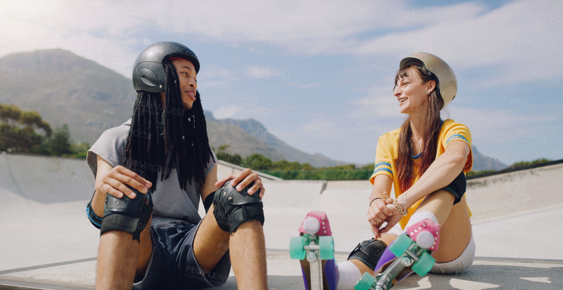 Buy stock photo Roller skate, fitness and fun with friends at a skatepark, outdoor during summer for recreation together. Training, exercise or relax with a man and woman skater chilling while bonding outside