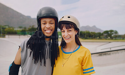 Buy stock photo Urban skate park, portrait and couple of friends with love and freedom outdoor for skating. Summer, gen z and young interracial skater people together in the sunshine ready for skateboarding