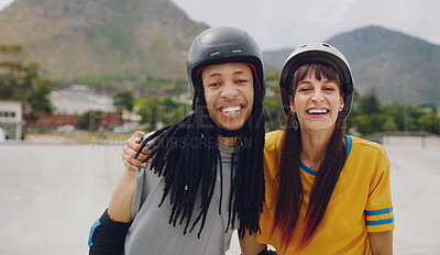 Portrait, hug and friends skate in park, smile and helmets for training, fun and cheerful together. Fitness, black man or woman embrace, skating and laughing with hobby, recreation and relax outdoor