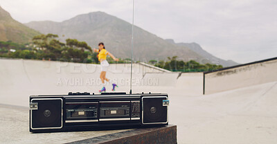 Buy stock photo Music, park and woman rollerskating with a stereo for fitness, training and learning in Norway. Freedom, practice and girl skating for exercise with a radio for motivation, fun and skate cardio