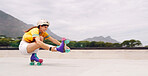 Fitness, woman and skater training, mockup and happiness with hobby, relax and active in park. Female athlete, girl and skateboarder practice technique, skills and happy with movements and routine