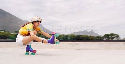 Buy stock photo Fitness, woman and skater training, mockup and happiness with hobby, relax and active in park. Female athlete, girl and skateboarder practice technique, skills and happy with movements and routine