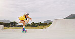 Roller skate, extreme sports and woman riding fast with speed in a skate park with mockup space outdoors. Rollerskate, skater and female skating practicing or training  with safety helmet