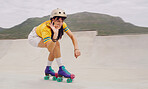 Rollerskate, extreme sports and woman with perfect sign or hand gesture in a skate park with mockup outdoors. Athlete, skater and female skating, practicing or training with safety helmet