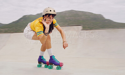 Buy stock photo Rollerskate, extreme sports and woman with perfect sign or hand gesture in a skate park with mockup outdoors. Athlete, skater and female skating, practicing or training with safety helmet