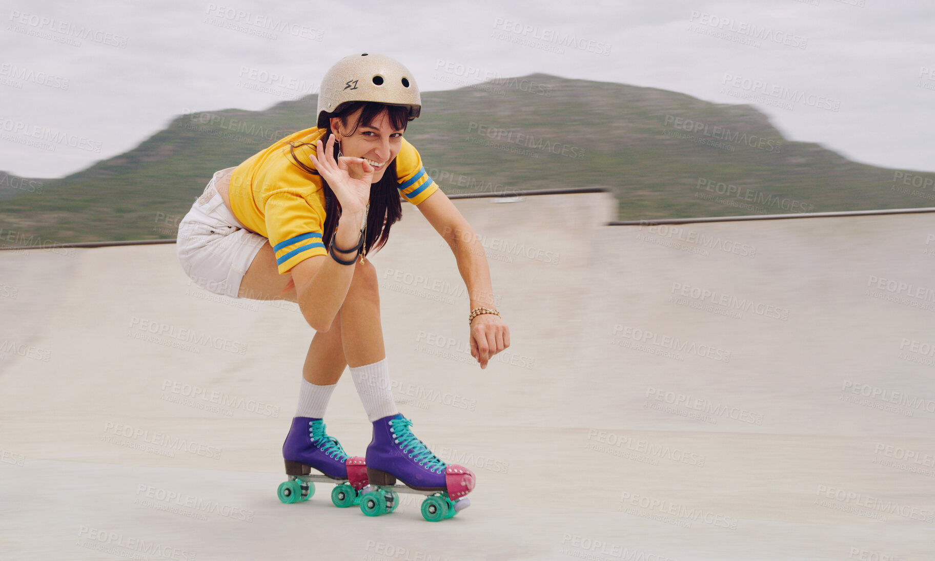 Buy stock photo Rollerskate, extreme sports and woman with perfect sign or hand gesture in a skate park with mockup outdoors. Athlete, skater and female skating, practicing or training with safety helmet