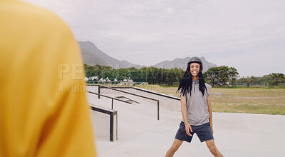 Buy stock photo Black man at skate park, sports outdoor with gen z youth, happy and freedom, skating with helmet for safety. Care free, urban and young male, skateboarding or rollerskating, extreme sport and fitness