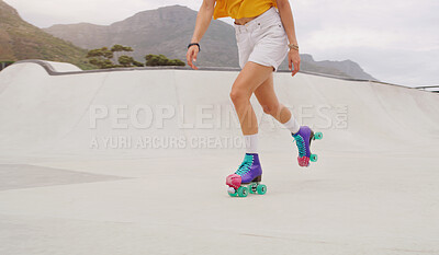 Buy stock photo Fitness, health and roller skates with shoes of woman in park for training, hobby and freedom. Summer break, sports and speed with feet of girl skating for exercise, workout and movement in outdoors