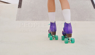 Buy stock photo Park, hobby and legs of a woman rollerskating for fitness, training and sport on the ground. Exercise, practice and feet of a girl doing cardio to skate for urban sports, learning and activity