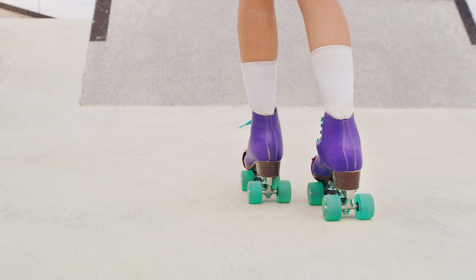 Buy stock photo Park, hobby and legs of a woman rollerskating for fitness, training and sport on the ground. Exercise, practice and feet of a girl doing cardio to skate for urban sports, learning and activity