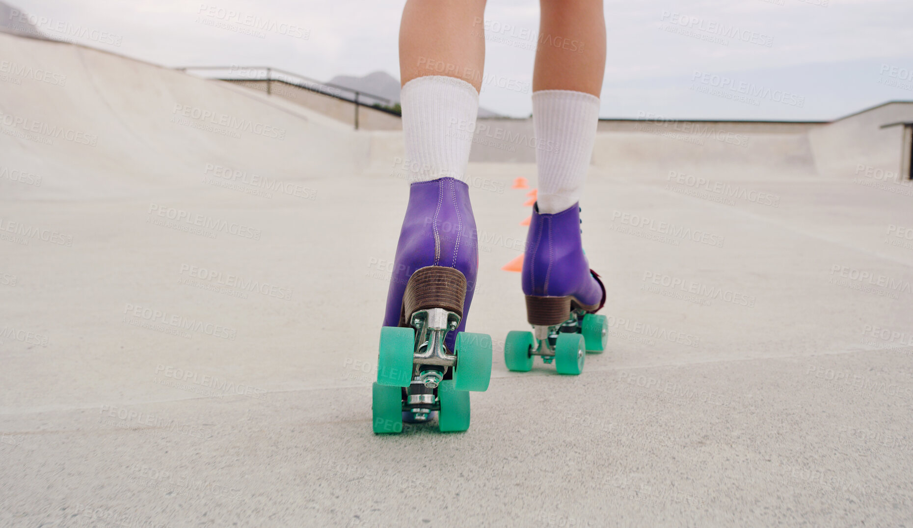 Buy stock photo Freedom, skating and roller skates with shoes of woman outdoor park for training, hobby and health. Summer, sports and speed with girl skater and challenge course with cones for exercise or workout