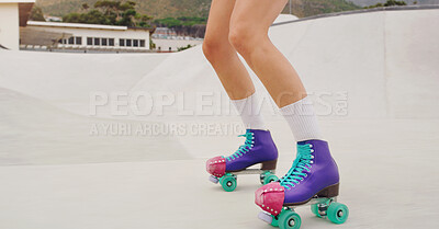 Buy stock photo Boots, legs and woman on roller skate for fitness, training and sport on the ground. Exercise, park and feet of a girl doing cardio, learning to skate for urban sports and practice an activity
