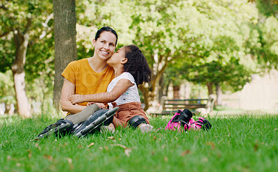 Buy stock photo Kiss, portrait and mother and child rollerskating in a park on mothers day for bonding and fun. Love, sports and mom and girl learning to skate on a garden field with kissing affection in Australia