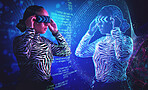 Woman, metaverse and virtual reality glasses simulator with overlay for digital transformation. Person with vr headset for ar hologram for cyber and 3d world with mirror reflection and futuristic ai