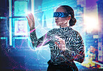 Metaverse, woman and virtual reality glasses with dashboard  overlay for digital transformation. Person with vr headset for ar neon hologram for cyber and 3d world for big data and futuristic coding